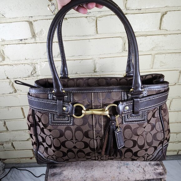 Coach Hampton Brown Signature C's Handbag Tote Bag Purse - Picture 1 of 12